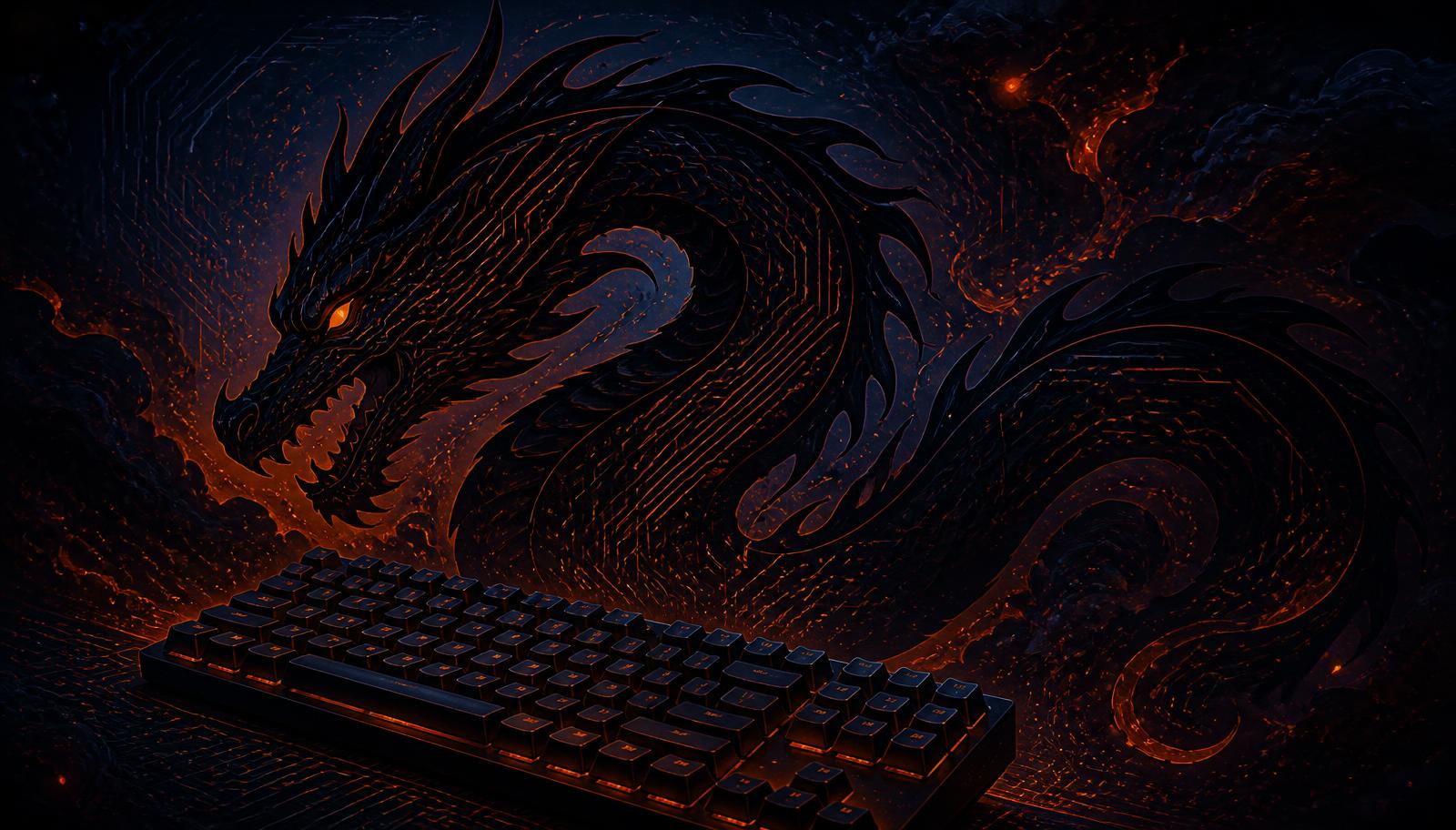 Ilustración de un dragón formado por circuitos junto a un teclado mecánico